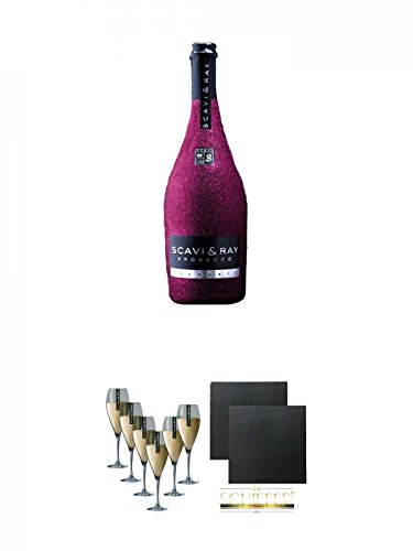 Scavi & Ray Prosecco Spumante GLITZER - PINK - EDITION 0,75 Liter + Scavi & Ray Prosecco (durchsichtig) Glas 6 Stück + Schiefer Glasuntersetzer eckig ca. 9,5 cm Ø 2 Stück von Diverse