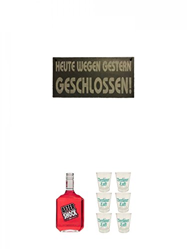 Schieferschild HEUTE WEGEN GESTERN GESCHLOSSEN mit Lederband und Lochung 20 x 40 cm + After Shock Hot & Cool Red Likör 0,7 Liter + Berliner Luft Shot Glas 4cl 6 Stück von Unbekannt