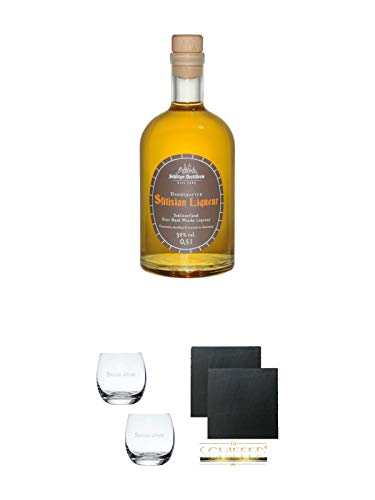 Schlitzer Slitisian Likör (Whisky-Likör) 0,5 Liter + Schlitzer Whisky Tumbler mit Eichstrich 2 cl 2 Stück + Schiefer Glasuntersetzer eckig ca. 9,5 cm Ø 2 Stück von Diverse