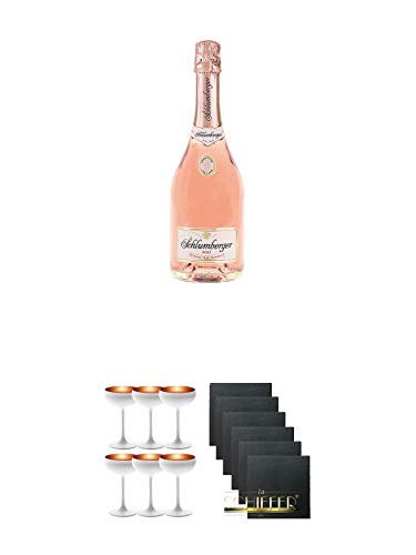 Schlumberger Sekt Brut Rosè Österreich 0,75 Liter + Sektschale Stölzle 6 Gläser - Olympic Serie matt-weiß BRONZE 273/88/08 + Schiefer Glasuntersetzer eckig 6 x ca. 9,5 cm Durchmesser von Unbekannt