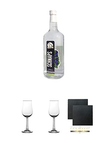 Schneejäger Premium Schlehengeist 38% 0,7 Liter + 2 Bugatti Nosing Gläser Kelchglas mit Eichstrich 2cl und 4cl + 2 Schiefer Glasuntersetzer eckig ca. 9,5 cm Ø von Unbekannt