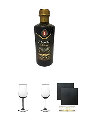 Sibona Grappa Amaro Italien 0,5 Liter + 2 Bugatti Nosing Gläser mit Eichstrich 2cl und 4cl + 2 Schiefer Glasuntersetzer eckig ca. 9,5 cm Ø von Diverse