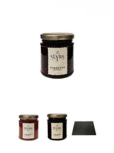 Slyrs Himbeere Marmelade 225 Gramm Glas + Slyrs Aprikosen Marmelade 225 Gramm Glas + Slyrs Kirsche Marmelade 225 Gramm Glas + Käseplatten - 1 er - Set 22 x 16 aus Schiefer für Dinnerpartys und Veranstaltungen von Unbekannt