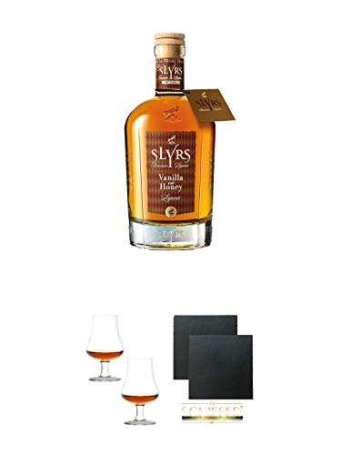 Slyrs Whiskylikör aus Deutschland 0,35 Liter + Stölzle Nosingglas für Whisky 2 Gläser - 1610031 + Schiefer Glasuntersetzer eckig ca. 9,5 cm Ø 2 Stück von Unbekannt