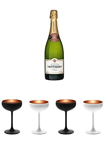 Taittinger Brut Reserve Champagner 0,75 Liter + Sektschale Stölzle 1 Glas - Olympic Serie matt-schwarz BRONZE 2739408 + Sektschale Stölzle 1 Glas - Olympic Serie matt-weiß BRONZE 273/88/08 + Sektschale Stölzle 1 Glas - Olympic Serie matt-schwarz BRONZE 27 von Unbekannt