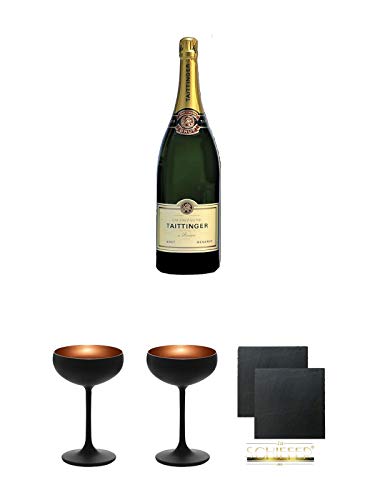 Taittinger Brut Reserve Champagner Magnum 1,5 Liter + Sektschale Stölzle 1 Glas - Olympic Serie matt-schwarz BRONZE 2739408 + Sektschale Stölzle 1 Glas - Olympic Serie matt-schwarz BRONZE 2739408 + Schiefer Glasuntersetzer eckig ca. 9,5 cm Ø 2 Stück von Unbekannt