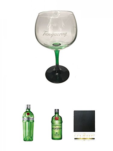 Tanqueray Ballon Gin Glas mit Schriftzug ohne Eichstrich + Tanqueray No.10 Ten Gin 0,7 Liter + Tanqueray Rangpur London Dry Gin 0,7 Liter + Schiefer Glasuntersetzer eckig ca. 9,5 cm Durchmesser von Unbekannt