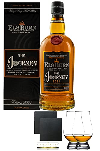 The Glen Els Journey Harzer Single Malt Whisky 0,7 Liter + Schiefer Glasuntersetzer eckig ca. 9,5 cm Ø 2 Stück + The Glencairn Glass Whisky Glas Stölzle 2 Stück von Unbekannt