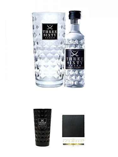 Three Sixty Vodka 4 cl Miniatur + 1 Three Sixty Glas + Three Sixty black Vodka Glas 1 Stück (black) + Schiefer Glasuntersetzer eckig ca. 9,5 cm Durchmesser von Unbekannt