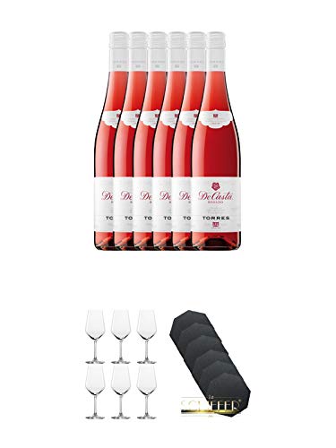 Torres DE CASTA ROSE Wein 6 x 0,75 Liter + Rotweinglas Stölzle - 3770001 6 Stück + Schiefer Glasuntersetzer achteckig 6 x ca. 9,5 cm Durchmesser von Unbekannt