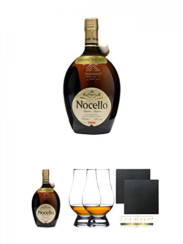 Toschi Nocello Nusslikör 0,7 Liter + Toschi Nocello Nusslikör 0,7 Liter + The Glencairn Glas Stölzle 2 Stück + Schiefer Glasuntersetzer eckig ca. 9,5 cm Ø 2 Stück von Diverse