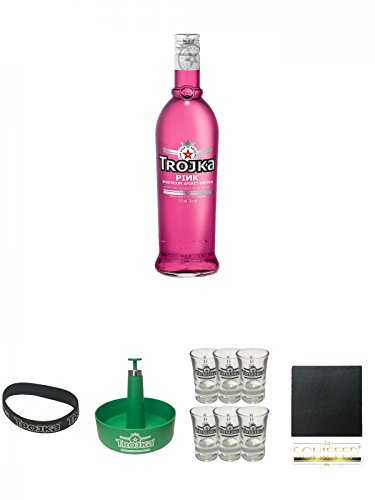 Trojka Cranberry Likör mit Wodka PINK 0,7 Liter + Trojka Armband Gratis Zugabe + Trojka Tablett für Shots - Gratis Zugabe + Trojka Shotglas 6 Stück + Schiefer Glasuntersetzer eckig ca. 9,5 cm Durchmesser von Unbekannt