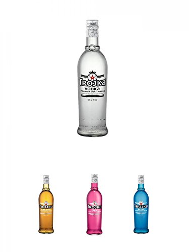 Trojka Vodka Pure Grain 0,7 Liter + Trojka Caramel Likör mit Wodka CARAMEL 0,7 + Trojka Cranberry Likör mit Wodka PINK 0,7 Liter + Trojka Ice-Mint Likör mit Wodka BLUE 0,7 Liter von Unbekannt