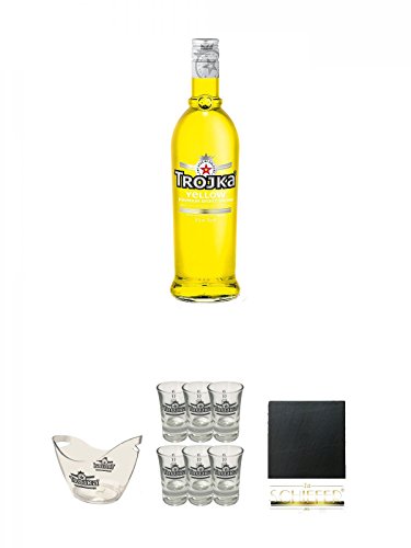 Trojka Zitrone Likör mit Wodka YELLOW 0,7 Liter + Trojka Flaschenkühler Acryl 1 Stück + Trojka Shotglas 6 Stück + Schiefer Glasuntersetzer eckig ca. 9,5 cm Durchmesser von Unbekannt