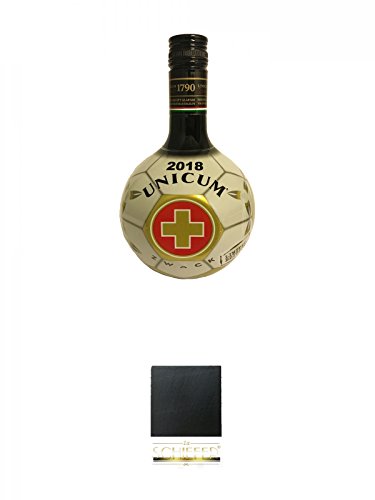 Unicum Kräuterlikör Fussballedition 0,7 Liter + Schiefer Glasuntersetzer eckig ca. 9,5 cm Durchmesser von Diverse