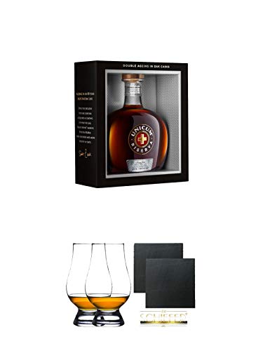 Unicum RISERVA 0,7 Liter + The Glencairn Glas Stölzle 2 Stück + Schiefer Glasuntersetzer eckig ca. 9,5 cm Ø 2 Stück von Diverse