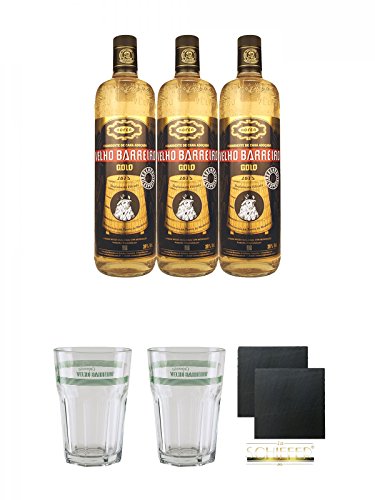 Velho Barreiro Gold Cachaca 3 x 1,0 Liter + Velho Barreiro Caipirinha Glas 1 Stück + Velho Barreiro Caipirinha Glas 1 Stück + Schiefer Glasuntersetzer eckig ca. 9,5 cm Ø 2 Stück von Diverse