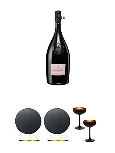 Veuve Clicquot La Grande Dame Rose Champagner in GP 0,75 Liter + Schiefer Glasuntersetzer RUND ca. 9,5 cm Durchmesser + Schiefer Glasuntersetzer RUND ca. 9,5 cm Durchmesser + Sektschale/Champagnerschale Stölzle 2 Gläser - Olympic Serie MATT-SCHWARZ BRONZE von Unbekannt