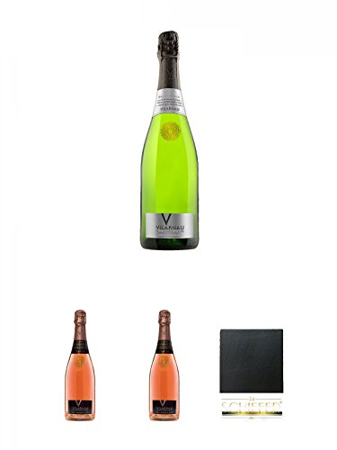 Vilarnau Cava Brut Reserva 0,75 Liter + Vilarnau Cava Brut Reserva - ROSADO - 0,75 Liter + Vilarnau Cava Brut Reserva - ROSADO - 0,75 Liter + Schiefer Glasuntersetzer eckig ca. 9,5 cm Durchmesser von Unbekannt