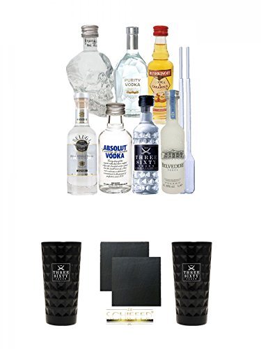 Vodka Probierset jew. 1 x 5cl Beluga Noble, 5cl Belvedere Polen, 2cl Rushkinoff Vodka & Caramel, 5cl Crystal Head, 5cl Purity Vodka, 4cl Three Sixty, 5cl Absolut Blue + 2 Einwegpipetten + Three Sixty black Vodka Glas 1 Stück (black) + Schiefer Glasunters von Unbekannt