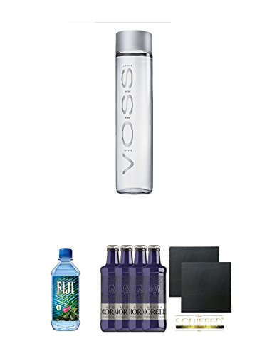 Voss Artesian STILL Gletscher Wasser in Glasflasche 0,8 Liter + Fiji Wasser von den Fiji-Inseln 0,5 Liter + Morelli Sparkling Naturale 4 x 0,25 Liter + Schiefer Glasuntersetzer eckig ca. 9,5 cm Ø 2 Stück von Unbekannt