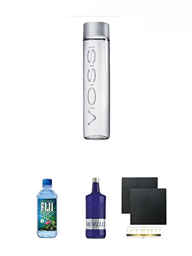 Voss Artesian STILL Gletscher Wasser in Glasflasche 0,8 Liter + Fiji Wasser von den Fiji-Inseln 1 x 1,0 Liter + Morelli Naturale 0,75 Liter + Schiefer Glasuntersetzer eckig ca. 9,5 cm Ø 2 Stück von Diverse