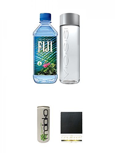 Voss & Fiji Mineralwasser 2er Probierset + Moloko Softdrink 0,25 Liter + Schiefer Glasuntersetzer eckig ca. 9,5 cm Durchmesser von Diverse