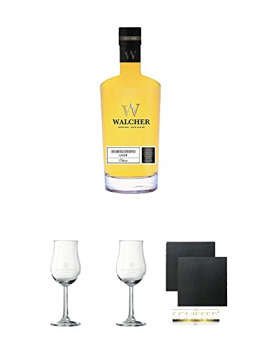 Walcher Bombardino Ei Rum-Likör 17% 0,7 Liter + Lantenhammer Bouquetglas geeicht 1 Stück + Lantenhammer Bouquetglas geeicht 1 Stück + Schiefer Glasuntersetzer eckig ca. 9,5 cm Ø 2 Stück von Unbekannt