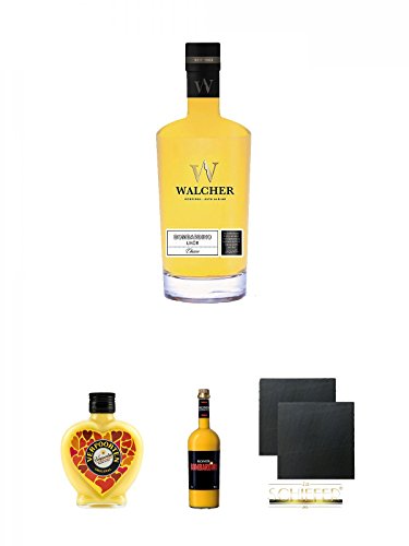 Walcher Bombardino Ei Rum-Likör 17% 0,7 Liter + Verpoorten Original Eierlikör Herzflasche 0,2 Liter + Roner Bombardino Ei-Rum Likör Italien 1,0 Liter + Schiefer Glasuntersetzer eckig ca. 9,5 cm Ø 2 Stück von Unbekannt