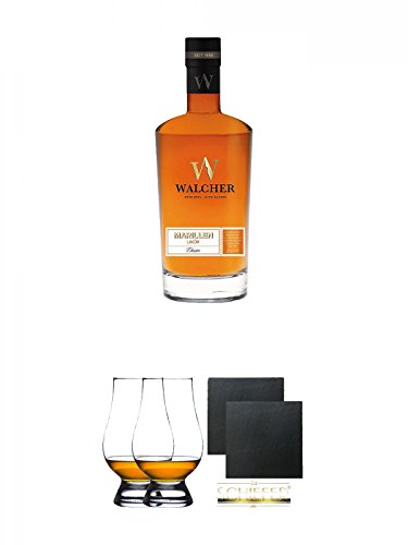 Walcher Marillenlikör Bio 28% 0,7 Liter + The Glencairn Glas Stölzle 2 Stück + Schiefer Glasuntersetzer eckig ca. 9,5 cm Ø 2 Stück von Diverse