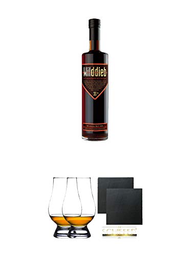 Wilddieb Kräuterlikör 0,7 Liter + The Glencairn Glas Stölzle 2 Stück + Schiefer Glasuntersetzer eckig ca. 9,5 cm Ø 2 Stück von Diverse