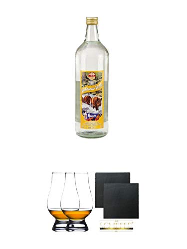 Wildsau Willi fruchtige Williamsnote 32% 1,0 Liter + The Glencairn Glas Stölzle 2 Stück + Schiefer Glasuntersetzer eckig ca. 9,5 cm Ø 2 Stück von Unbekannt