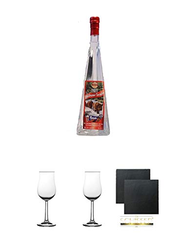 Wildsautropfen Himbeere Pyramidenflasche 0,5 Liter + 2 Bugatti Nosing Gläser mit Eichstrich 2cl und 4cl + 2 Schiefer Glasuntersetzer eckig ca. 9,5 cm Ø von Diverse