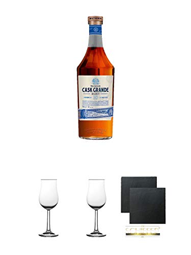 Wilthener - Cask Grande - Brandy XO 40% 0,7 Liter + 2 Bugatti Nosing Gläser mit Eichstrich 2cl und 4cl + 2 Schiefer Glasuntersetzer eckig ca. 9,5 cm Ø von Diverse