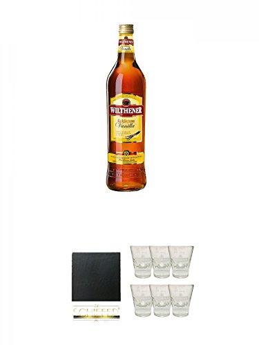 Wilthener Goldkrone Weinbrand mit Vanilla 0,7 Liter + Schiefer Glasuntersetzer eckig ca. 9,5 cm Durchmesser + Wilthener Shotglas 6 Stück von Diverse