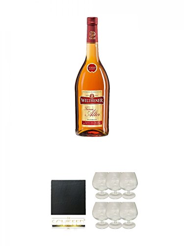 Wilthener Weinbrand VSOP feiner alter Wilthener 0,7 Liter + Schiefer Glasuntersetzer eckig ca. 9,5 cm Durchmesser + Wilthener Weinbrand Glas 6 Stück von Diverse