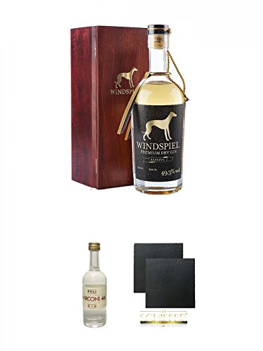 Windspiel Premium Dry Gin RESERVE 0,5 Liter 49,3% in Holzkiste + Poli Marconi 46 Gin 0,05 Liter Mini + Schiefer Glasuntersetzer eckig ca. 9,5 cm Ø 2 Stück von Unbekannt