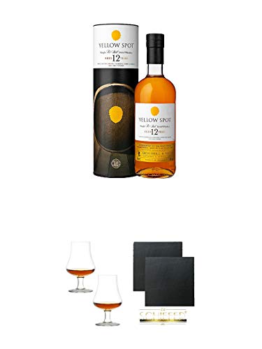 Yellow Spot 12 Jahre Single Pure Pot Still 0,7 Liter + Stölzle Nosingglas für Whisky 2 Gläser - 1610031 + Schiefer Glasuntersetzer eckig ca. 9,5 cm Ø 2 Stück von Diverse