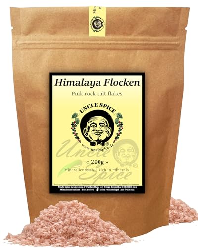 UNCLE SPICE® rosa Himalaya Salzflocken, 200g pink Himalayasalz aus Pakistan, Steinsalz, Kristall-Salzflocken reich an Mineralien, feines Salz ideal für Steaks, pink salt, Salzblume von Uncle Spice