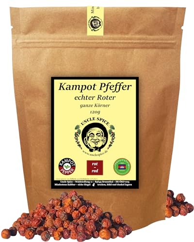 UNCLE SPICE® Roter Kampot Pfeffer - 120g echter Kampot Pfeffer rot - Premiumqualität - ganze sonnengetrocknete Pfefferbeeren, mit Liebe handverlesen aus Kambodscha, echter roter Pfeffer von Uncle Spice