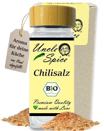 UNCLE SPICE® BIO Chilisalz - 110g Bio Meersalz aus Spanien versetzt mit Bio Vogelaugenchilis, im edlen Gewürzglas, von Hand gemischt, Chili-Salz nachhaltig hergestellt, DE-ÖKO-005 von Uncle Spice