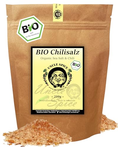 UNCLE SPICE® BIO Chilisalz - 200g Bio Meersalz aus Spanien versetzt mit Bio Vogelaugenchilis, im ÖKO-Beutel, von Hand gemischt, Chili-Salz nachhaltig hergestellt, DE-ÖKO-005 von Uncle Spice