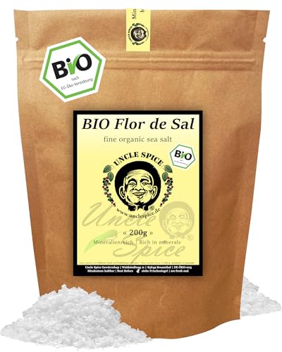 UNCLE SPICE® BIO Flor de Sal feine Flocken - 200g Bio Meersalz aus Portugal von der Algarve, edles Fleur de Sel - Salzblume nachhaltig hergestellt, DE-ÖKO-005 von Uncle Spice