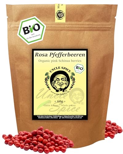 UNCLE SPICE® BIO Rosa Pfefferbeeren - 60g ganzer rosa Pfeffer, rote Schinusbeeren in Premiumqualität – rosa Beeren, roter Pfeffer ganz - Mild-würzig, leicht süßlich & fruchtig – DE-ÖKO-005 von Uncle Spice