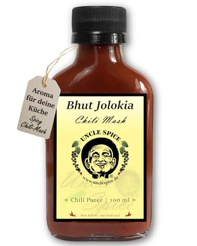 UNCLE SPICE® Naga Bhut Jolokia Chili Mash, 100ml Chili-Konzentrat im Glas, 82% fermentiertes Püree einer der schärfsten Chili der Welt als, Gewürzsauce zum Mischen - EXTREM SCHARF von Uncle Spice