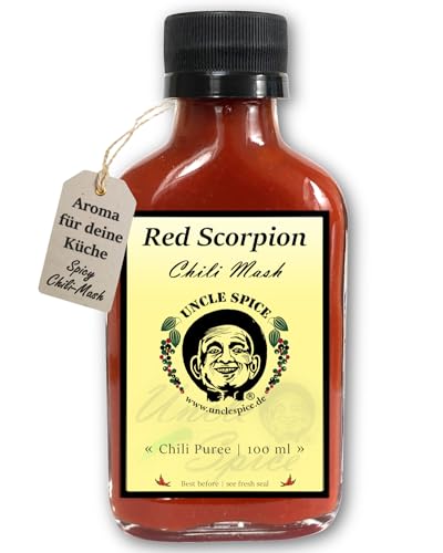 UNCLE SPICE® Trinidad Scorpion Chili Mash, 100ml Chili-Konzentrat im Glas, 82% fermentiertes Püree einer der schärfsten Chili der Welt als, Gewürzsauce zum Mischen - EXTREM SCHARF von Uncle Spice