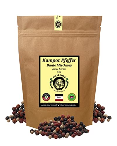 UNCLE SPICE® bunter Kampot Pfeffer - 60g Kampot Pfeffer bunt - Premiumqualität - ganze sonnengetrocknete Pfefferbeeren, rote, weiße, schwarze Pfefferkörner ganz, handverlesen für die Mühle von Uncle Spice