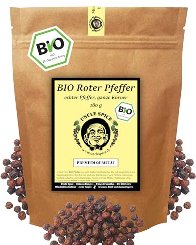 UNCLE SPICE® BIO Roter Pfeffer - 180g echter BIO Pfeffer rot - Premium-Qualität - ganze sonnengetrocknete BIO Pfefferbeeren, mit Liebe handverlesen aus Kambodscha, roter Pfeffer, DE-ÖKO-005 von Uncle Spice