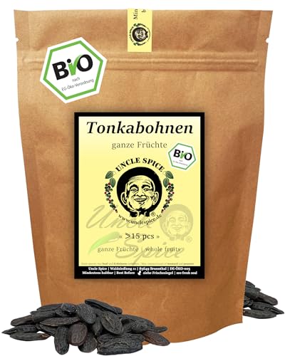 UNCLE SPICE® BIO Tonkabohnen - 15 Stk. ganze Tonka Bohnen - in Premium-BIO-Qualität - ganze Bohnen vom Tonkabaum aus kontrolliertem Anbau - ca. 20g aus Brasilien - Alternative zu Vanille DE-ÖKO-005 von Uncle Spice