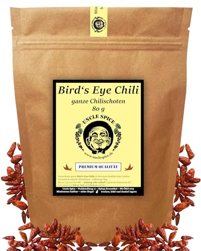 UNCLE SPICE® Birds Eye Chili ganz - 80g ganze Vogelaugenchilis - PIRI PIRI in Premiumqualität, bis zu 200.000 SHU, scharfe getrocknete Chilischoten, Preis-Leistungs-Sieger von Uncle Spice